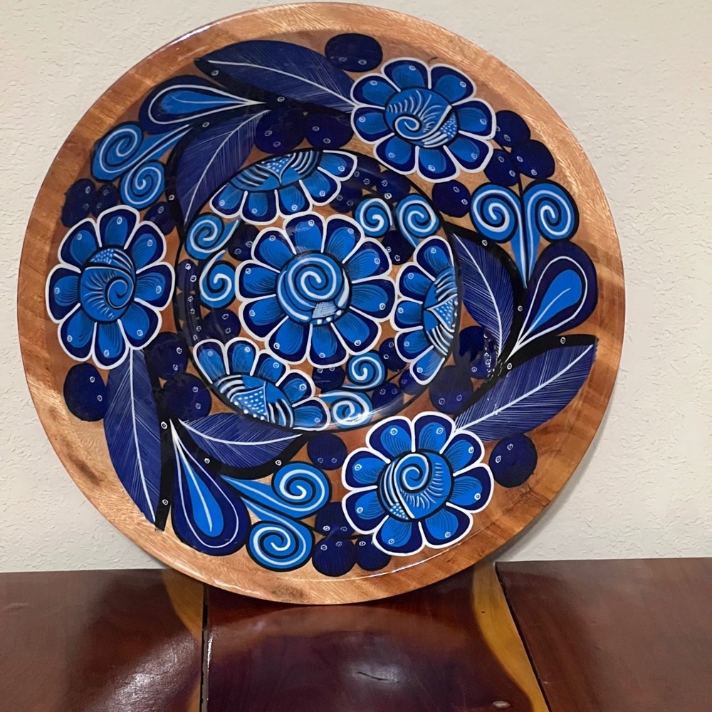 Hand Painted Floral Wooden Decorative Bowl Blue White 12in